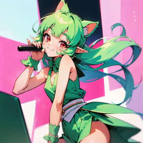 hightquality、Green Twin Tail、Elven ears、Red Eyes、small tits、Cute smile、Turn to me and smile、A mischievous smile、Idol costume、holding a microphone、cute pose、((1980s style))、Chibi