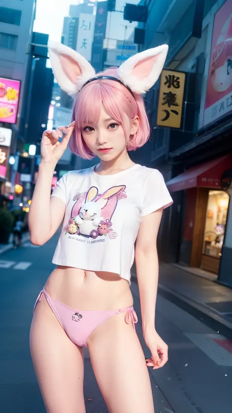 Night city、Street speeches、Under the streetlight、In the middle of the intersection、sticking out the tongue、BIGsize T-shirt、Pink short cut hair、Pink hair color、Pink rabbit ears stick out of the head、Japan women、K-POP、kawaii faces、Small underwear、masutepiece...