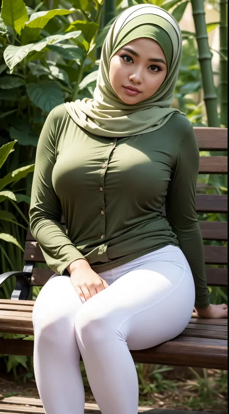 RAW, Best quality, high resolution, masterpiece: 1.3), beautiful Malay woman in hijab, Masterpiece, perfect fit body, ((Big breasts)), beautiful big eyes, Soft smile, woman sitting on a bench next to bamboo plants, beautiful woman, olive green shirt,leggin...