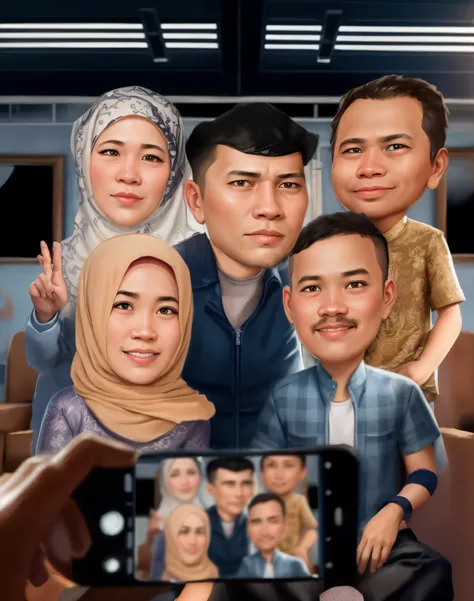 arafed photo of a family taking a selfie with a cell phone, in cartoon style, caricature style, potrait, caricature illustration, an indonesian muslim family portrait, Woman wearing hijab, by Abidin Dino, full protrait, cartoon art, caricature, digital art...