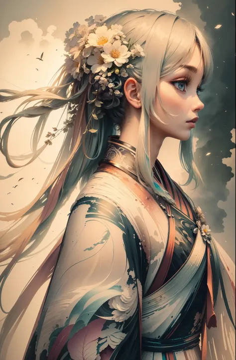 超写实水墨landscape painting，landscape painting of a girls face with overlapping hair，Stylized abstract portrait of beautiful girl closeup，landscape painting blends into hair，landscape painting，white backgrounid，Surreal art fantasy style，Epic digital fantasy ar...