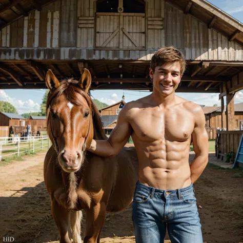 A 27 year old, maskuliner, oben ohne, blonde European boy with short hair and sunny smile without teeth, wearing jeans on a sunny day in front of a horse stable, zeigt seine Muskeln und lehnt sich neben ein Pferd, Fotorealismus, Hyperrealistisch, UHD, Deta...