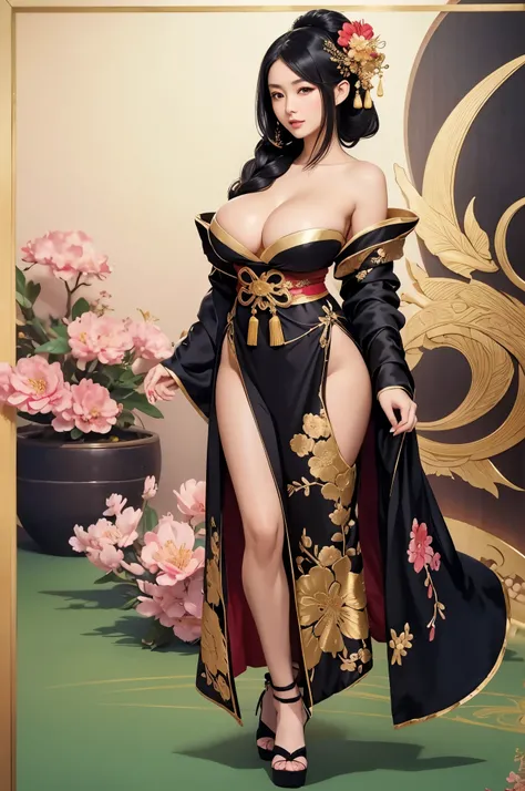 gorgeous oriental woman, silky black hair in an elaborate hairstyle, elegant embroidered kimono, sakura flower embroidery, gold details, full body shot, cleavage, bare shoulders, standing, large breasts, alchemist, strapless dress, vials