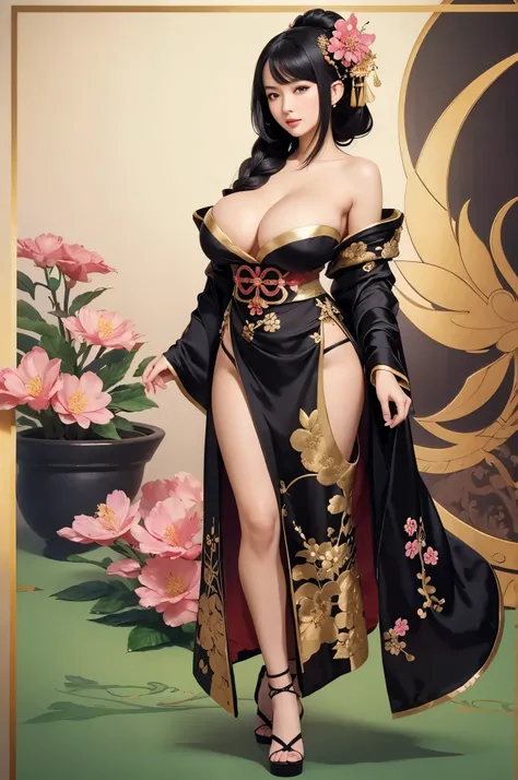 gorgeous oriental woman, silky black hair in an elaborate hairstyle, elegant embroidered kimono, sakura flower embroidery, gold details, full body shot, cleavage, bare shoulders, standing, large breasts, alchemist, strapless dress, vials