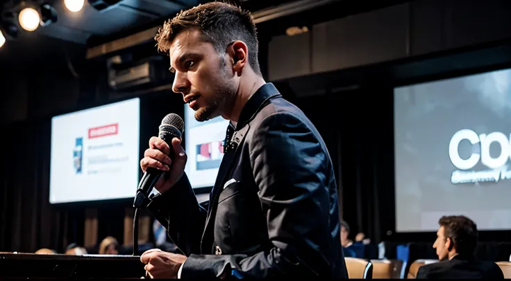 Man in profile wearing a suit lecturing on a stage, looking at the audience, speaking into a microphone. A broader view.