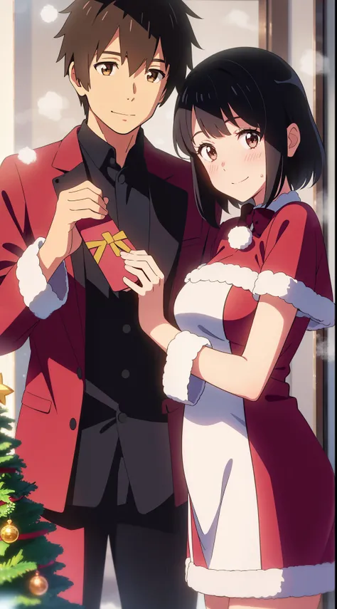 shinkai makoto, kimi no na wa., 1girl, 1boy, bangs, black hair, blush, bright eyes, brown eyes, looking at the viewer, red bow, red headband, red ribbon, short hair, indoors, shiny skin, smile, cute, love, couple, adorable, happy, beautiful, parfect anatom...