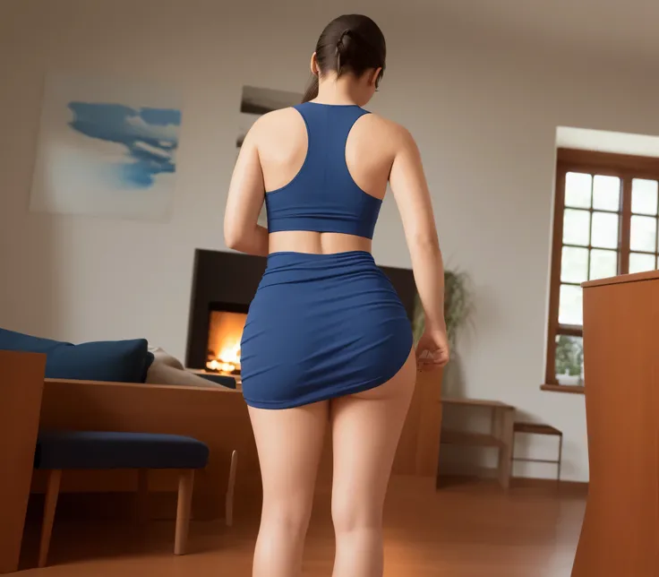 there is a woman in a blue skirt standing in a living room, Costas - Pneu, tiro nas costas, long shot from the back, tiro traseiro, long shot from the back, view from the back, shot from the back, from the back, seen from the back, tiro traseiro, from the ...