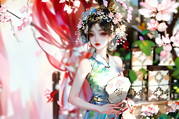 in a skirt、Wearing a flower crown on his head、Couple holding fan, on cheongsam, Chinese outfit, Match with ancient Chinese costumes, TRADITIONAL CHINESE COSTUMES, Wearing a floral robe, on cheongsam, 宮 ， A girl in Hanfu, Lotus flower crown girl, 穿着蓝色on che...