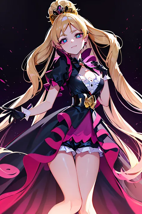 best quality, ultra detailed,1girl, solo, cure flora, (blonde hair), black skirt with frills, black tiara, wrist cuffs, purple shorts, black dress, boots, medium breast, TwilightBelt, black enamel boots, evil smile, (shiny fabric:1.5), full body shot, purp...