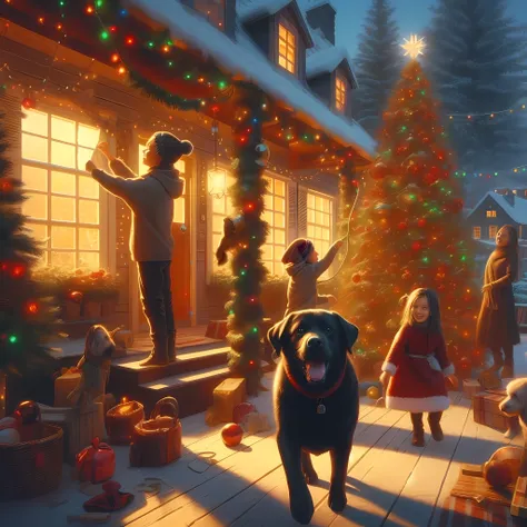 create a (32k masterpiece, best quality:1.4) greg rutkowski inspired illustration, absurdres, huge filesize, scene of a family home being decorated for Christmas by a little boy and his little sister, the family dog (black labrador) running round excitedly...