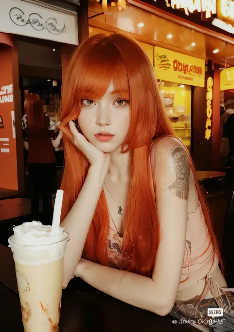 a close up of a woman with red hair sitting at a table, she has long redorange hair, orange skin and long fiery hair, long orange hair, she has long orange brown hair, with long red hair, anime girl in real life, orange hair, very long orange hair, bright ...