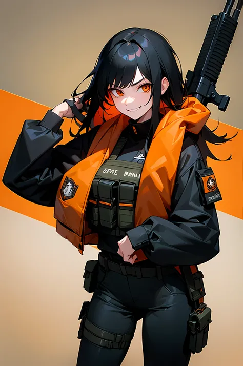 (8k ultra high-quality) (masterpieces) 1 girl, long black hair, orange eyes color, wearing usmc tactical uniform, wearing body v...