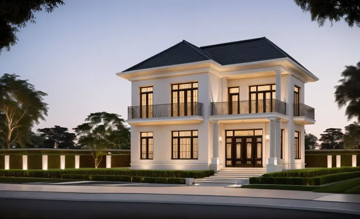 RAW photo,Masterpiece,high quality,best quality,authentic,super detail,architecture, exterior, villa,neoclassic style, garden background, in the style of dark white and light gold, cinematic lighting, wifredo lam, high detailed,8k uhd,dslr,soft lighting,hi...