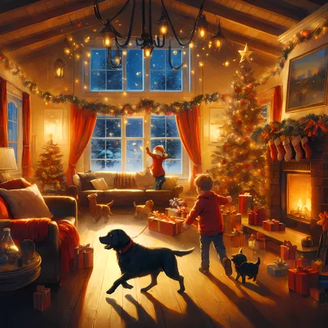 create a (32k masterpiece, best quality:1.4) greg rutkowski inspired illustration, absurdres, huge filesize, scene of a family home being decorated for Christmas by a little boy and his little sister, the family dog (black labrador) running round excitedly...