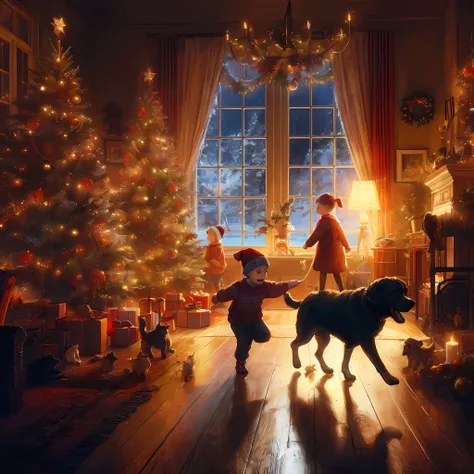 create a (32k masterpiece, best quality:1.4) greg rutkowski inspired illustration, absurdres, huge filesize, scene of a family home being decorated for Christmas by a little boy and his little sister, the family dog (black labrador) running round excitedly...