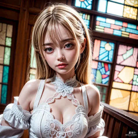 SFW, concept art, Tiny junior idol, Delicate lace knitted white clothes, (nipple:-0.9), face closeup, (((Renbutsu Misako), Dazzling and delicate stained glass fills the backgrund, colorful Light shines through stained glass:1.2, vivid red colors, lense Par...