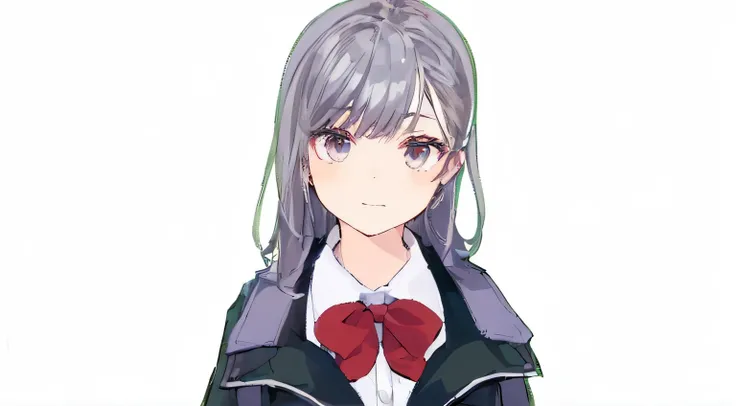 ((a closeup)),(School Uniforms:1.4),, Five Fingers,a beauty girl,((Silvery hair))、(((((silver eye))))、Long hair、Red ribbons