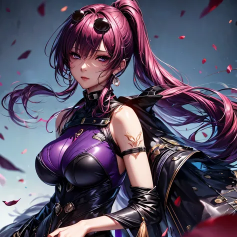 highly detailed image，high quality image，perfect body，perfect face, 8K，solo，one woman，masterpiece。Large breast,Official art,LONG purple hair，purple eyeball，ponytail，Looking at viewer,teasing, detailed eyelashes, wearing jewelry earings，gantz suit，cowboy sh...