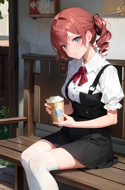 Anime manga girl sitting on a bench with a cup of coffee, cute Anime manga girl, Anime style illustration, Soda theme girl, Beautiful anime high school girl, A surreal schoolgirl, Anime manga girl, young Anime manga girl, beautiful Anime manga girl, Anime ...