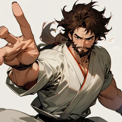 muscular , Full Short Beard , Brown Hair , Messy Hair , Adult Male , Karate Gi , Small Dojo Background