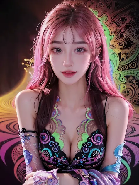 (masterpiece, top quality, best quality, official art, beautiful and aesthetic:1.2), (1girl:1.3), extremely detailed,(fractal art:1.2),colorful,highest detailed,( zentangle neon:1.2), (dynamic pose), (abstract background neon:1.5), (treditional dress:1.2),...