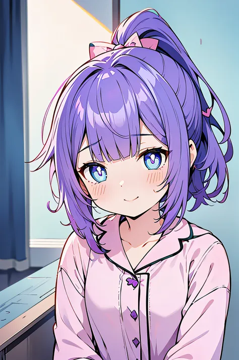 ((((Purple colored hair,Pink pajamas)))),((aqua Blue pupil,hair pin,blue bow on ponytail)),(((bluntbangs,high ponytails,short detailed hair,)))1个Giant Breast Girl, Full body photo,Permanent,(The sun is dazzling,god light,Ray traching),Perfect big watery ey...