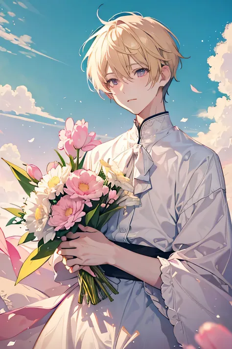 2D anime boy light yellow short hair, bouquet tulips, really simple, pink dim cloud sky, slight cloud sky only, simple cloud,