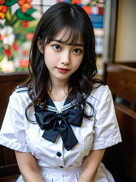 (((Draw only one woman: 2))), Beautiful 18 year old Japan woman, (A high school girl wearing a sailor uniform with short sleeves and a ribbon: 1.5), (Japan strict girls school sailor uniform), ((Body-fitting sailor suit:1.5)), ((Big breasts in uniform&#39;...