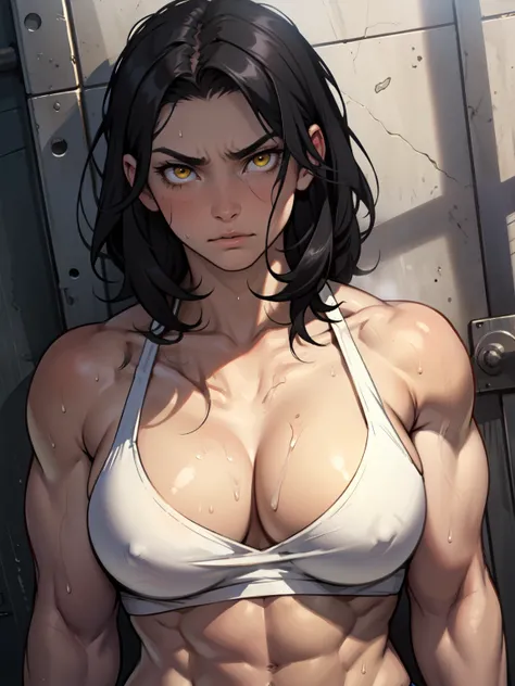 long abs muscular girl large breasts pale skin black hair yellow eyes serious cleavage sad sweaty