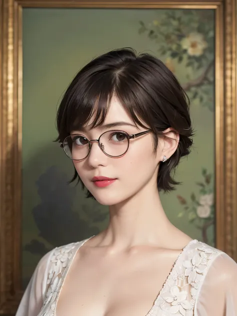 138
(a 20 yo woman,draw a self-portrait), (A hyper-realistic), (high-level image quality), ((beautiful hairstyle 46)), ((short-hair:1.46)), (Gentle smile), (breasted:1.46), (lipsticks), (wears glasses,wide,a room), (florals), (an oil painting、Rembrandt)