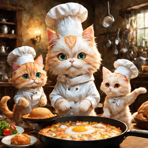 (minuet、In the middle of the meal、Holding a frying pan、Chefs fascinate、Chefs Hat,odd eye),,cute little,​masterpiece,top-quality,Fluffy cat,,A delightful,tre anatomically correct,,Fantasia,Cats,minuet,odd eye