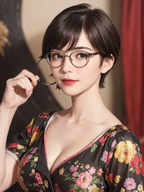 138
(a 20 yo woman,draw a self-portrait), (A hyper-realistic), (high-level image quality), ((beautiful hairstyle 46)), ((short-hair:1.46)), (Gentle smile), (breasted:1.46), (lipsticks), (wears glasses,wide,a room), (florals), (an oil painting、Rembrandt)