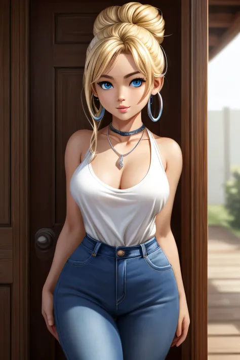 ((ultra quality)), ((tmasterpiece)), gnome girl, Short stature, ((blonde woman, hairlong)), (silver ear rings), (silver necklace around the neck), (Beautiful cute face), (beautiful female lips), Charming, ((sexy facial expression)), is looking at the camer...