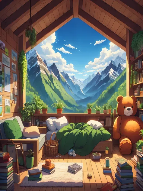 Draw an anime lofi scene of mountin facing green wooden bedroom, lot of plants, books, sofa, open roof, blue sky, beautiful sunny day, big teddy bear in the corner, aesthetically beautiful, rugsack, earthy colors, cozy space, carpet, hippy vibes, vibrant s...