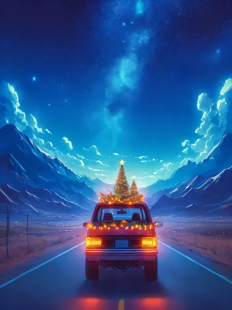 Draw an wide anime lofi scene of christmas ride, GMC syclone passing through desert with christmas lights on roof, blue hour, wide open starry sky, aesthetically beautiful, vibrant saturated colors, beautiful color palette, masterpiece, calm, peaceful, no ...