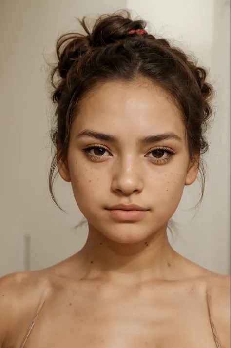 Hispanic woman, with a high bun, long hair, forehead bangs, expressive eyes, hazel eyes, still face, plump lips, small nose, bushy eyebrows, freckles, medium length eyelashes, no earlobes, high collar bones, slight stare into camera, soft focus, narrow chi...