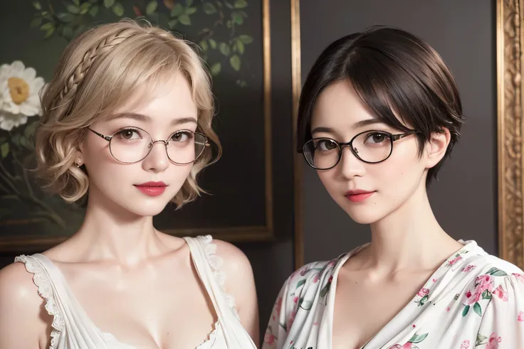 138
(a 20 yo woman,draw a self-portrait), (A hyper-realistic), (high-level image quality), ((beautiful hairstyle 46)), ((short-hair:1.46)), (Gentle smile), (breasted:1.46), (lipsticks), (wears glasses,wide,a room), (florals), (an oil painting、Rembrandt)