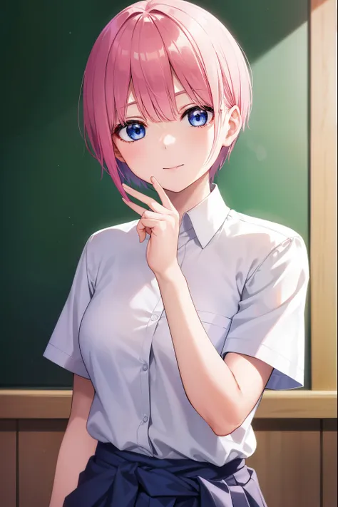 ichikanakano, ichika nakano, Short hair, Bangs, Blue eyes, hair between eye, Pink hair, shirt formal, School Uniform, Short sleeves, sox, (whiteshirt:1.3), Green sweater, Green pleated skirt, Black jacket, lowfers, wrap a sweater around your waist, Best Qu...