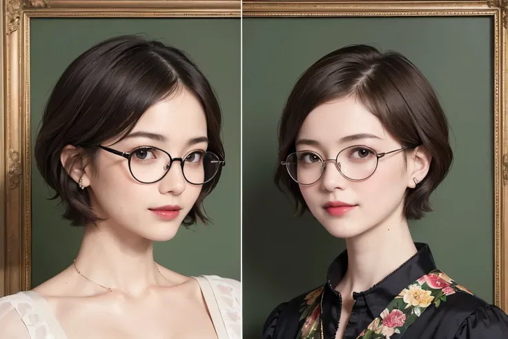 138
(a 20 yo woman,draw a self-portrait), (A hyper-realistic), (high-level image quality), ((beautiful hairstyle 46)), ((short-hair:1.46)), (Gentle smile), (breasted:1.46), (lipsticks), (wears glasses,wide,a room), (florals), (an oil painting、Rembrandt)