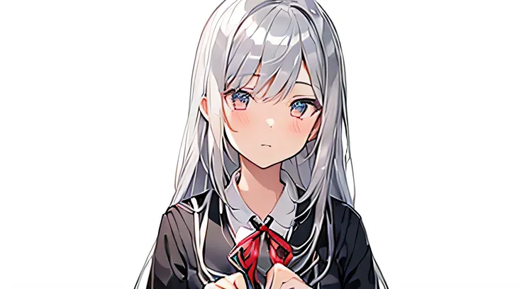 ((a closeup)),(School Uniforms:1.4),, Five Fingers,a beauty girl,((Silvery hair))、(((((silver eye))))、Long hair、Red ribbons