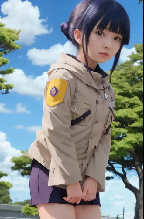 girl in uniform standing in front of a tree, hinata hyuga from naruto white eye, hinata hyuga