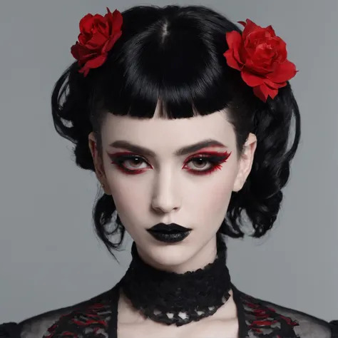 1girl, goth subculture, black eyeliner, black lipstick, black hair with red and