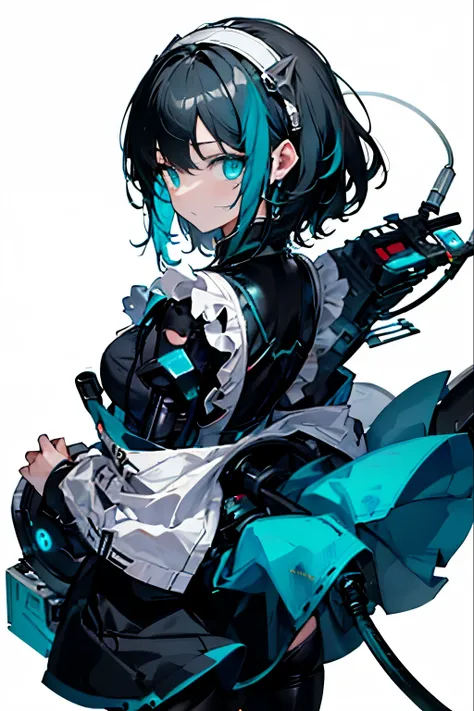 black hairband, cable, cable tail, cropped legs, cyborg, from behind, hair behind ear, hairband, looking back, mechanical arms, ...