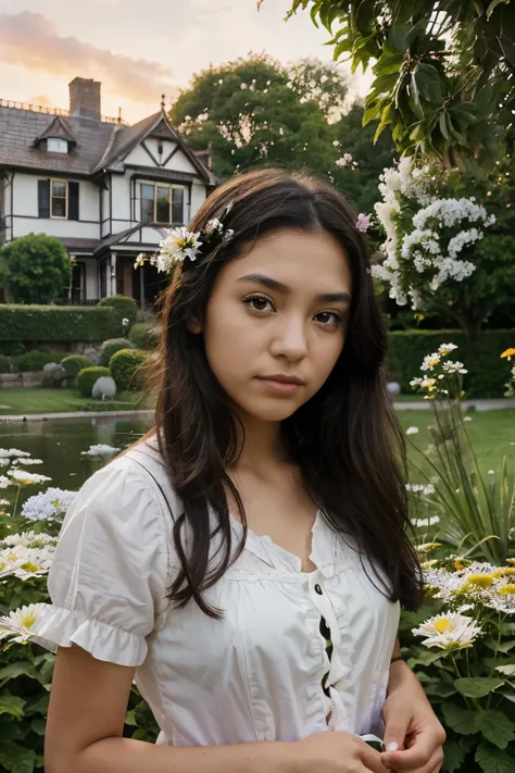 16 year old girl, brown eyes, black hair , detailed face, closeup,  picking flowers, victorian house, lake, mountains, sunset, lychee tree, hydrangeas, daisies, chrysanthemums, garden