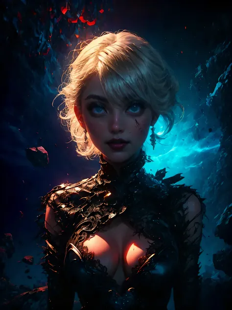 extreme dark forest in background, colorful. sinister, Aurora, mythical and magical, erotic pose, pore white hair, small tits, big eyes, body covered with tattoo, red lips, erotic, dark light, black dress  ,glowing saphire eyes photoreali photoreral and st...