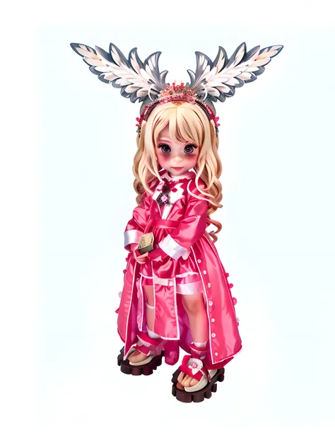 a full body close up of a blonde priest character with a tiara made with 2 white wings, coral color dress