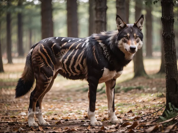 Imaginative crossbreed of Wolf and Okapi, photorealistic, hybrid animal, hyper detail, Bokeh background, full body, realistic, realism, animal photography, documentary