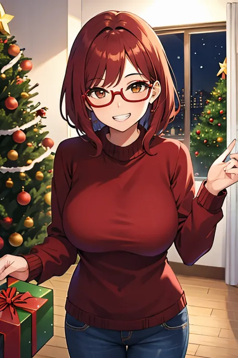 one girl, medium hair, red hair, brown eyes, glasses,big breasts,(makeup),(happy smile,clenched teeth), Red sweater, denim jeans,standing pov from front,house, indoor,Christmas tree,night atmosphere