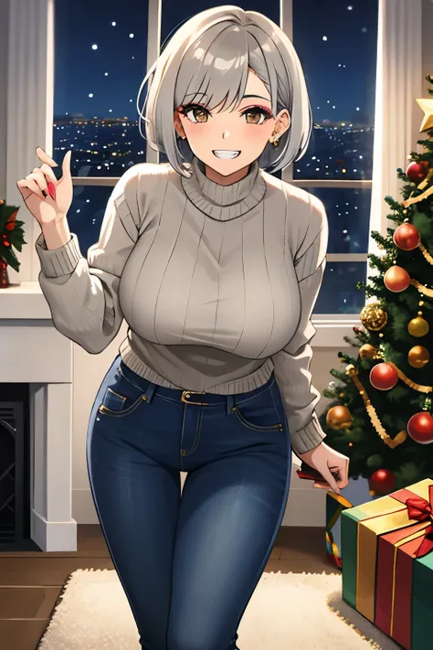 one girl, short hair, grey hair, brown eyes,big breasts,(makeup),(happy smile,clenched teeth), sweater, denim jeans,standing pov from front,house, indoor,Christmas tree,night atmosphere