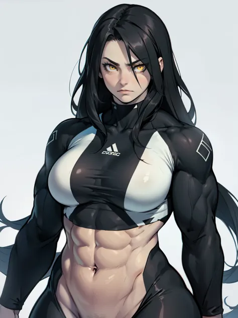 ((((muscular 1girl)))) ((((thick toned body breasts)))) (pale skin) black hair yellow eyes very long hair expressionless expressionless skintight